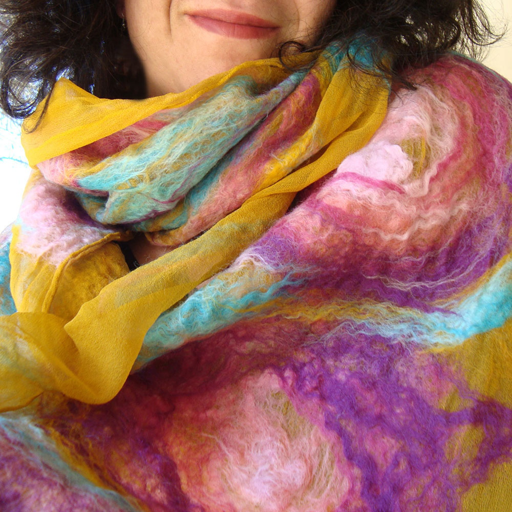 violet silk felt shawl Felted scarf nuno felt scarf felt scarves for women purple and black shawl elegant scarf,unique scarf,wool wrap